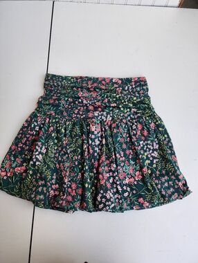 LOFT Floral Print Gathered Waist Mini Skirt Green Pink Cotton Modal Bubble Sz XS